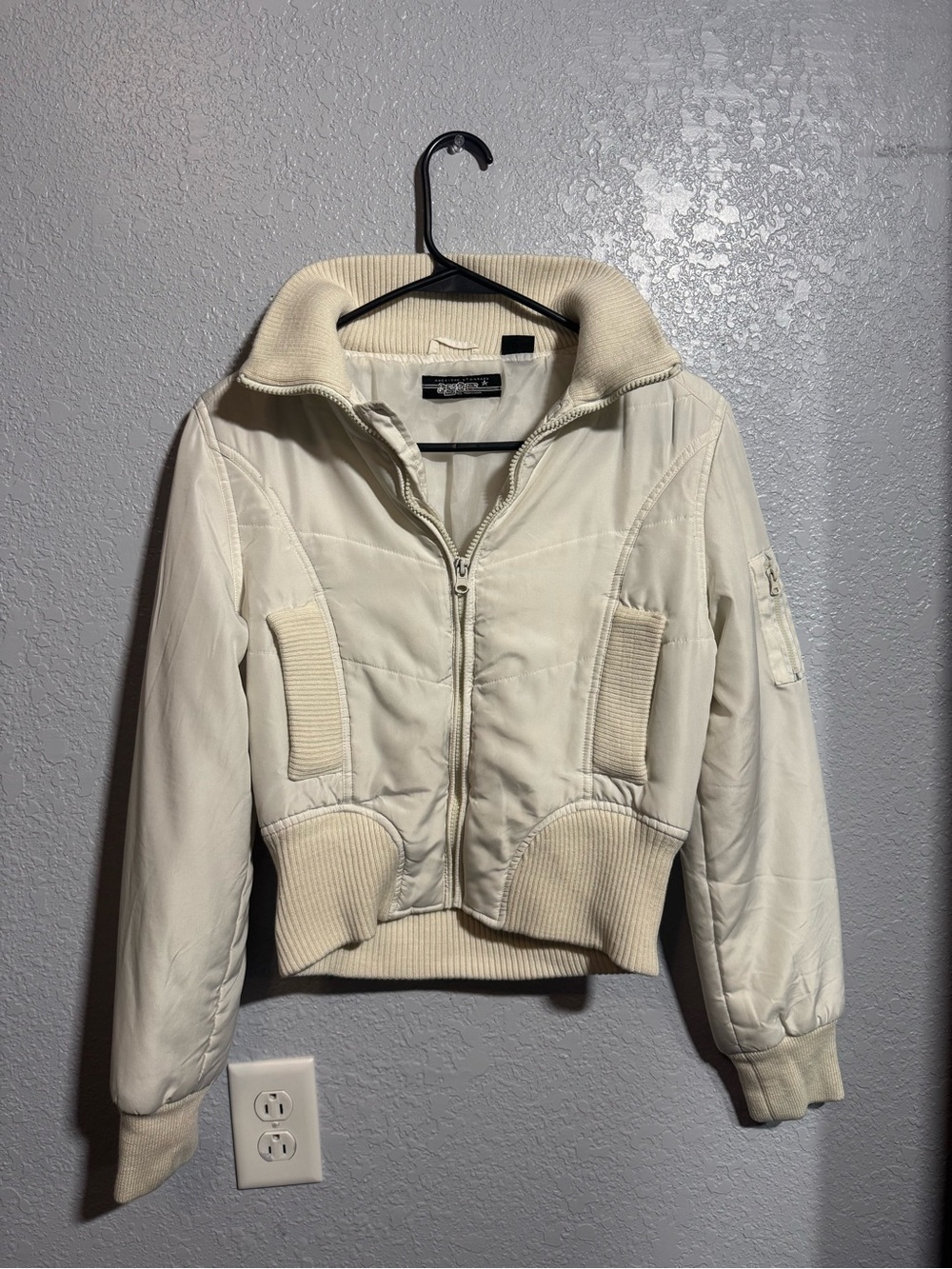 Tyte Jeans Cream Cropped Bomber Jacket with Ribbed Trim
